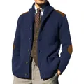 Men's navy blue knitted cardigan featuring brown PU shoulder and elbow patches styling - M / Tops / Navy Blue