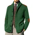 Macro view of green knitted cardigan featuring vintage brown elbow and shoulder patches - M / Tops / Green