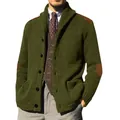 Detailed view of men's green knitted cardigan with stylish brown PU leather patches - Army Green
