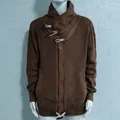 Detailed view of a brown men's cable knit sweater with stylish toggle buttons. - S / Tops / Brown