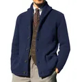 Detailed view of navy blue men's knitted cardigan with thick texture and shawl collar. - M / Tops / Navy Blue