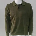 Close-up detail of olive green waffle knit polo sweater for men with classic collar - M / Tops / Army Green