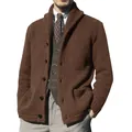 Detailed view of a men's brown shawl collar knit cardigan with textured stitching. - Camel