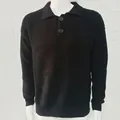 Close-up of men's long-sleeved waffle knit polo sweater in elegant solid black color - M / Tops / Black