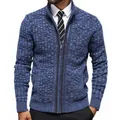 Men's blue textured knit cardigan with stand collar and zipper, slim fit style - M / Tops / Blue