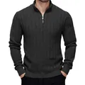 Ανδρικό σκούρο γκρι πλεκτό πουλόβερ slim fit με μισό φερμουάρ και κάθετες ραβδώσεις - S / Tops / Μαύρο
