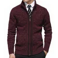 Stylish men's slim fit knit cardigan featuring a stand collar and burgundy pattern. - M / Tops / Burgundy
