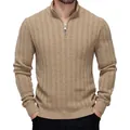 Ανδρικό πλεκτό πουλόβερ slim fit με φερμουάρ σε χακί χρώμα και ανάγλυφη πλέξη - S / Tops / Χακί