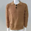 Detail view of brown waffle knit polo sweater for men featuring a classic lapel collar design - M / Tops / Khaki