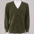 Close-up of army green men's V-neck knit cardigan showing texture and buttons - M / Tops / Army Green