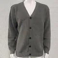 Detail view of men's gray V-neck long sleeve knitted button-up cardigan sweater coat - M / Tops / Gray