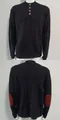 Schwarzer Zopfstrickpullover mit Knopfkragen und Flicken aus Wildlederimitat an Ellbogen. - Schwarz
