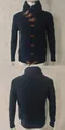 Men's navy blue high neck knitted cardigan with wooden buttons and leather accents - Dark Blue
