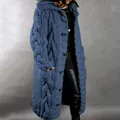 Casual women's blue chunky cable-knit long hooded cardigan sweater with buttons - Blue