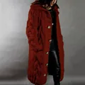 Detailed view of women's long burgundy cable knit oversized hooded cardigan sweater - S / Tops / Red