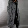 Close-up of women's long cable-knit cardigan with hood and chunky buttons in grey. - Dark Gray
