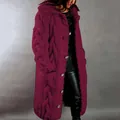 Oversized burgundy women's long cable knit cardigan with hood and buttons - Rose Red