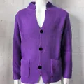 Detailed view of a purple waffle-knit cardigan for men featuring a stand collar. - Purple