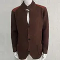 Men's brown textured knit cardigan with contrast shoulder patches and button closure. - S / Tops / Coffee
