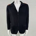 Stylish men's black knitted cardigan with brown shoulder patches and lapel collar - S / Tops / Navy Blue