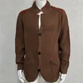 Men's brown waffle knit cardigan with shoulder patches and three-button closure - S / Tops / Khaki