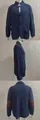 Men's blue knitted cardigan jacket with contrast brown shoulder and elbow patches - Blue