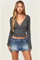 Detail shot of a grey long-sleeved V-neck wrap top with an elegant slim-fit design. - S / Tops / Dark Gray
