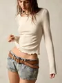 Vintage slim fit long sleeve top with lettuce edge hem for women - S / Tops / Milky White