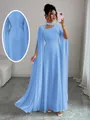 Elegant light blue maxi party dress with cape sleeves and cutout neckline detail. - S / Dresses / Sapphire Blue