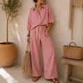 Bohemian red and white striped two-piece set featuring a loose shirt and wide-leg trousers - S / Top And Bottom / Red