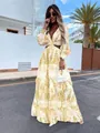 Elegant yellow floral V-neck maxi dress with long sleeves and stylish waist cut-outs - S / Dresses / Yellow