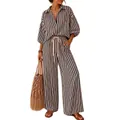 Ensemble deux pièces rayé pour femme avec chemise à manches longues et pantalon large - S / Haut Et Bas / Noir