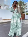 Full view of floral print maxi dress with V-neck and waist cut-out details - S / Dresses / Green