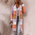 Women's long sleeve color-block knit cardigan with elegant hollow-out texture detail - S / Tops / Purple