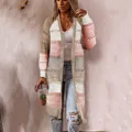 Full-length view of a stylish color-block long knit cardigan for autumn season. - S / Tops / Khaki
