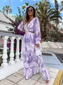 Elegant purple floral print V-neck long-sleeve maxi dress with chic side cut-out details - S / Dresses / Purple