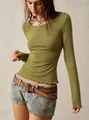 Retro olive green long sleeve slim fit T-shirt with vintage lettuce edge hem and cuffs - S / Tops / Olive Green