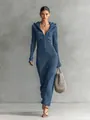 Slim fit blue hooded knit midi dress featuring ribbed texture and buttoned collar detail - S / Dresses / Navy Blue