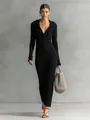 Elegant black slim fit hooded knitted maxi dress with ribbed texture and front buttons. - S / Dresses / Black
