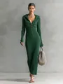 Dark green slim fit ribbed knit hooded dress featuring a half-button placket and chic hood - S / Dresses / Dark Green