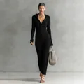 Elegant slim fit black hooded knit maxi dress with long sleeves and front buttons - S / Dresses / Black