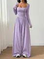 Detail view of elegant lavender square neck long sleeve wide leg jumpsuit with waist pleats - Light Purple