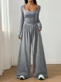 Elegant grey long-sleeve square-neck jumpsuit featuring a wide-leg cut and slim fit style - S / Top And Bottom / Light Gray