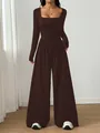 Elegant long sleeve square neck wide leg jumpsuit in a deep brown solid color finish - Coffee