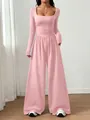 Elegant pink long sleeve square neck jumpsuit with wide leg design for a slim fit. - Pink