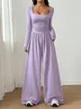 Purple square neck long sleeve jumpsuit with ruched waist and wide leg design. - Light Purple