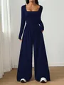 Elegant navy blue long sleeve square neck jumpsuit with wide leg silhouette for women - Dark Blue