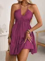 Detailed view of elegant purple halter V-neck dress with tiered ruffle hemline - Pink Purple