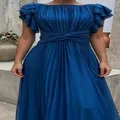 Close-up detail of an elegant blue pleated floor-length dress with a stylish waist twist - XS / Dresses / Blue