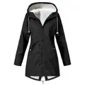 Front view of black fleece-lined waterproof hooded parka with zipper closure - S / Tops / Black